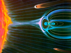 Een magnetisch veld biedt goede bescherming. Zon, Venus, Aarde en Mars in vergelijking - met de juiste verhoudingen. (Bron: ESA)