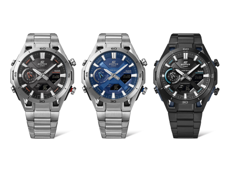 Van links naar rechts: de Casio Edifice ECB-2300YD-1A (ECB-2300D-1A), ECB-2300D-2A en ECB-2300YDC-1A (ECB-2300DC-1A) horloges. (Afbeeldingsbron: Casio)