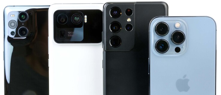 van links: Find X3 Pro, Mi 11 Ultra, Galaxy S21 Ultra en iPhone 13 Pro