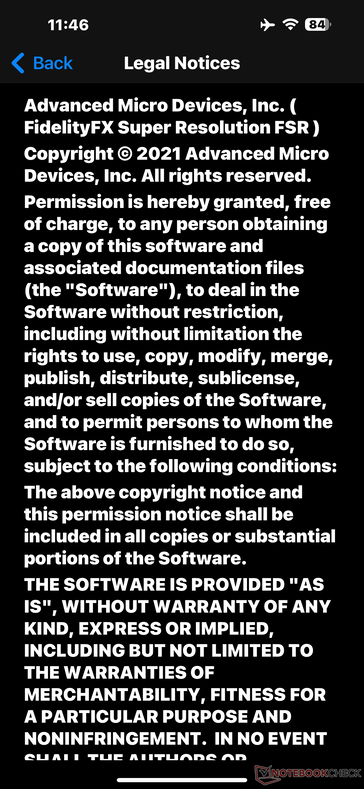 Apple erkent het gebruik van AMD's FSR-technologie in de sectie Legal &amp; Regulatory Notices van zijn software. (Afbeelding: Notebookcheck)