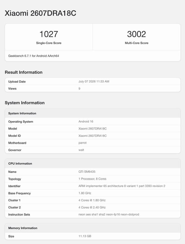 Geekbench-vermelding van een binnenkort te verschijnen Xiaomi-telefoon.