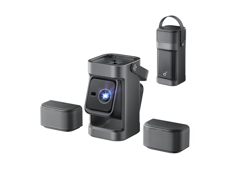 De Soundcore Nebula P1-projector heeft twee afneembare 10W-luidsprekers, een draaghandvat en een gimbal met twee armen van 130 graden. (Afbeeldingsbron: Anker)