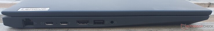 Aansluitingen links: GBit LAN, 2x Thunderbolt 4, HDMI 2.0b, USB-A 3.2 Gen 1 (5 GBit/s), aansluiting