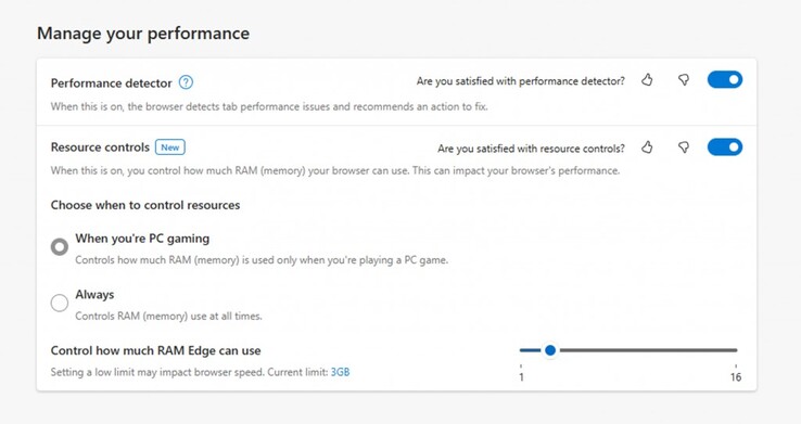 Met de Microsoft Edge Resource Settings kunnen gebruikers een vaste RAM-limiet instellen. (Bron: Microsoft)