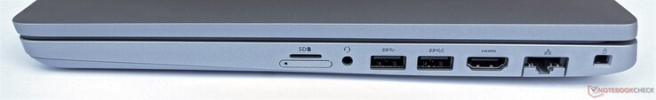 Rechts: microSD-kaartlezer (boven), simkaartlezer (onder), 2x USB 3.2 Gen1 type A, HDMI, GigabitLAN, Kensington