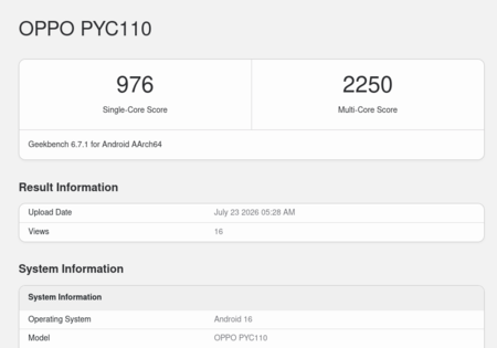 Oppo A7 Pro Max (PYC110) vermelding in Geekbench 6.7.1