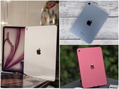 Een collage met drie afbeeldingen van een zilveren iPad met doos, een blauwe iPad mini op een houten oppervlak en een roze iPad buiten. (bron: Notebookcheck)