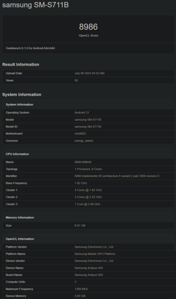 Samsung Galaxy S23 FE Geekbench notering (afbeelding via Geekbench)