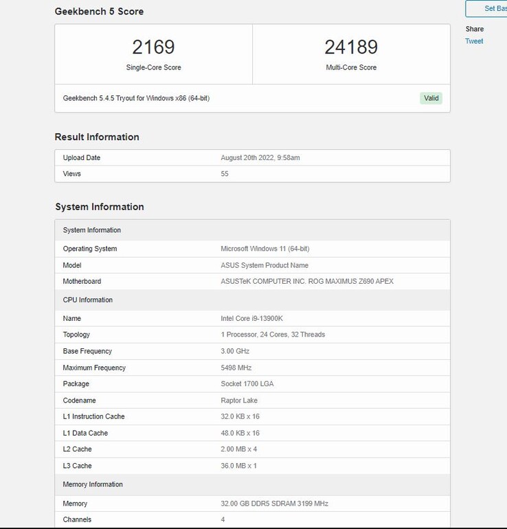 Geekbench 5 invoer voor de Core i9-13900K. (Bron: Geekbench)