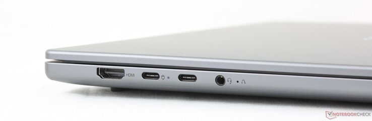 Links: HDMI 1.4b, 2x USB-C met DisplayPort 1.4 + Power Delivery 3.0, 3,5 mm headset, OneKey Recovery