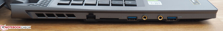 Links: RJ45 Ethernet-poort, SD-kaartlezer, USB 3.0 Type-A-poort, microfoonaansluiting, hoofdtelefoonaansluiting, USB 3.0 Type-A-poort