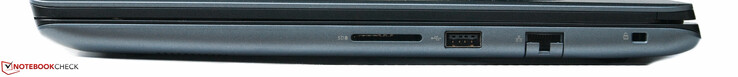 Rechts: SD-kaartlezer, 1 x USB port, 1 x Ethernet-poort, Noble security