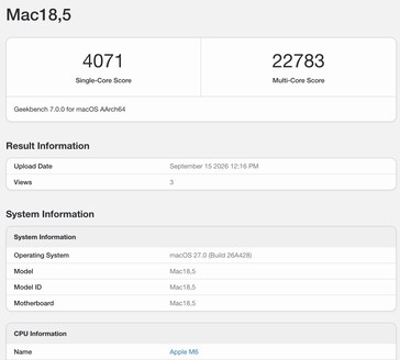 Geekbench 7-resultaat van de Apple M6.