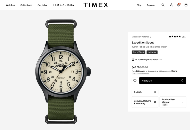 Dit Timex Expedition Scout-model kost bijvoorbeeld 50 dollar. Jammer genoeg is het echter niet op voorraad.