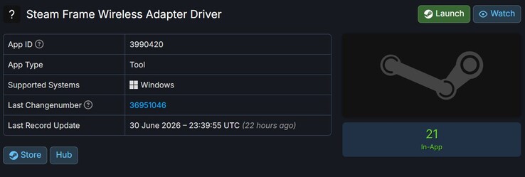 Het stuurprogramma voor de Steam Frame Wireless Adapter staat vermeld op SteamDB.
