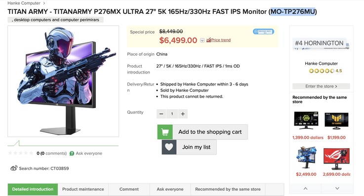 De nieuwe Titan Army P276MX 5K Mini-LED-gamingmonitor is nu te koop in Hongkong. 