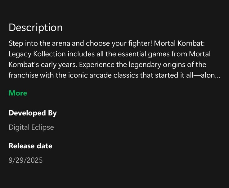Uitgelekte Xbox app-vermelding voor Mortal Kombat: Legacy Kollection onthult een release op 29 september 2025 (bron: u/ByrdofMemes via Imgur, oorspronkelijk gedeeld op Reddit)