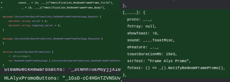 Promotie voor Half-Life Alyx in de backend-code van Steam.