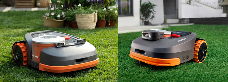 De Segway Navimow zonder en met de VisionFence Sensor bevestigd, van links naar rechts. (Beeldbron: Segway)