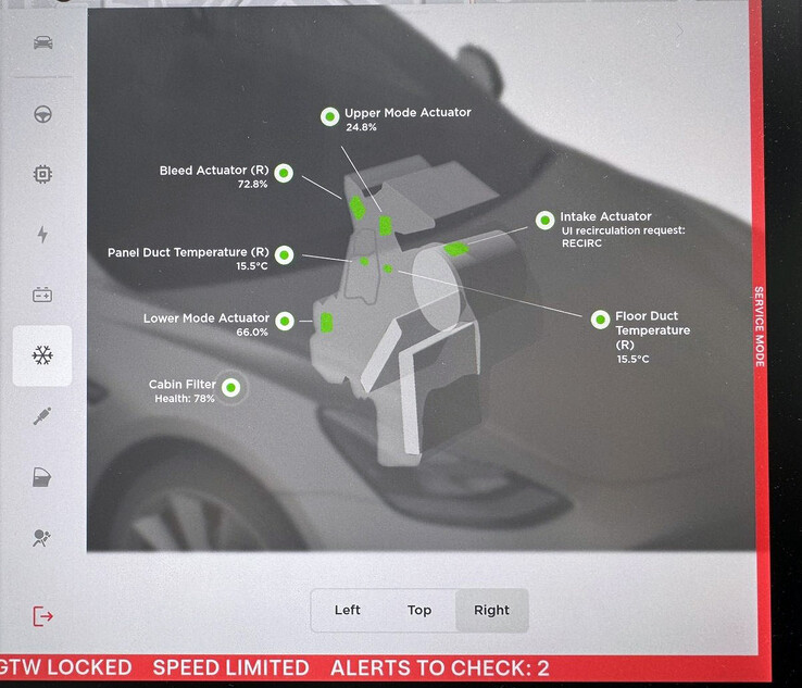 Tesla-cabinefilter-gezondheidsteller in de Servicemodus