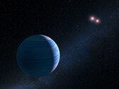 Een afbeelding van een exoplaneet en twee rode sterren.
