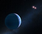 Een afbeelding van een exoplaneet en twee rode sterren.