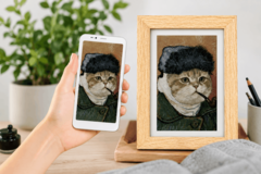 Bigme digitaal fotolijstje waarop een door AI gegenereerd portret van een huisdier wordt weergegeven