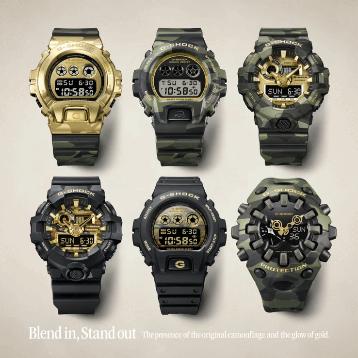 De G-Shock GM-6900CMG-3, de DW-6900CMG-3, de GA-700CMG-3AJF, de GA-700CF-1A, de DW-6900CF-1, en de GA-V01CMG-3A (namen beginnend van linksboven naar rechts)