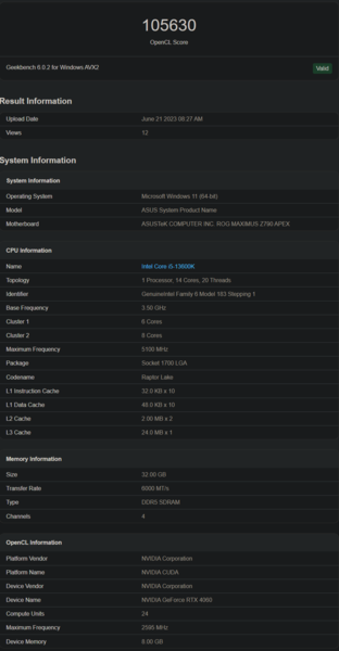 Nvidia GeForce RTX 4060 OpenCL prestaties (afbeelding via Geekbench)