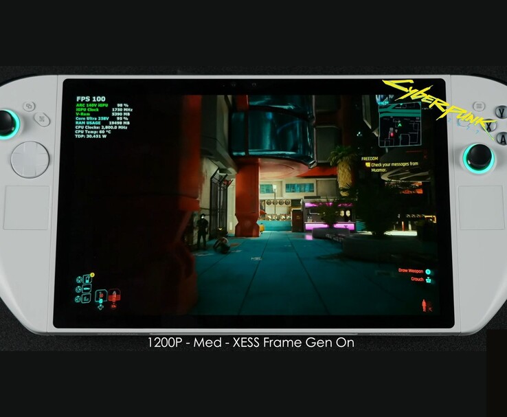 Abxylute 3D One handheld draait Cyberpunk 2077 op 1200p Medium instellingen met XeSS Frame Generation ingeschakeld en toont 100 FPS op het scherm. (Afbeeldingsbron: ETA PRIME via YouTube)