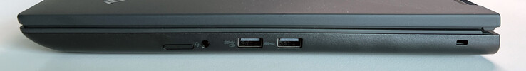Rechts: SIM-kaartsleuf (optioneel), 3,5 mm audioaansluiting, USB-A 3.2 Gen. 1 (5 GBit/s, voeding), USB-A 3.2 Gen. 1 (5 GBit/s), Kensington-sleuf