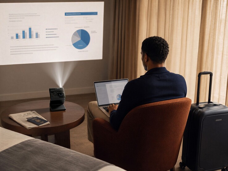 De Aurzen Zip Pro-projector met drie vouwpanelen kan worden gebruikt voor werken op afstand met laptops.