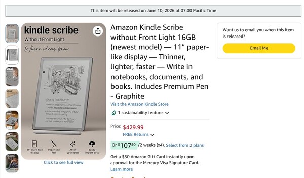 De Kindle Scribe zonder Front Light heeft dezelfde releasedatum in alle regio's.