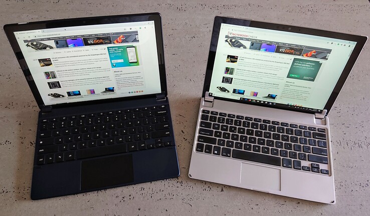 De Google Pixel Slate met Brydge G-Type-toetsenbord (links) en de Microsoft Surface Pro 6 met Brydge 12.3 toetsenbord (rechts).
