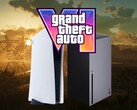 Het logo van GTA 6 is te zien boven de PS5- en Xbox-consoles