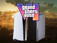 Het logo van GTA 6 is te zien boven de PS5- en Xbox-consoles