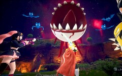 Schermafbeelding van Palworld waarop personages vechten tegen een zwevend oog met scherpe tanden