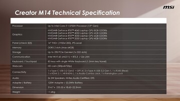 MSI Creator M14 - Specificaties. (Bron: MSI)