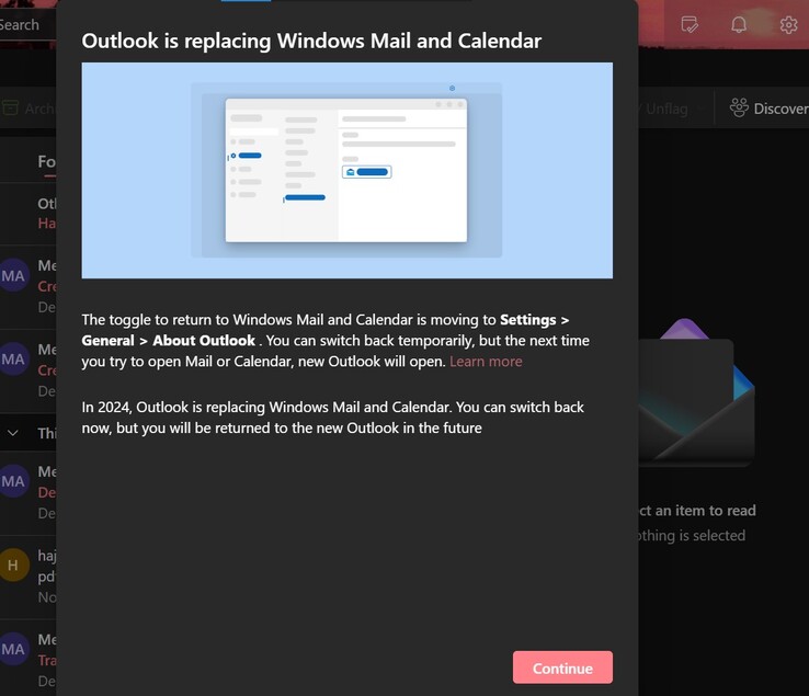 Nieuwe Outlook-app die gebruikers op de hoogte stelt van de komende verandering.