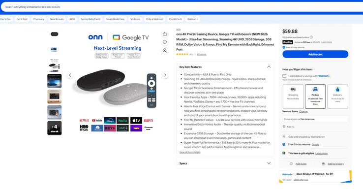 Onn 4K Pro (2026) Walmart-vermelding.