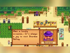 De gouverneur maakt zijn jaarlijkse verschijning op de Stardew Valley Luau, een van de vele seizoensgebonden festivals die de gemeenschap samenbrengen in de geliefde indie-landbouwsimulator. (Afbeeldingsbron: Stardew Valley via Steam)