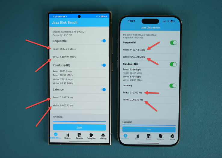 Galaxy S24 Ultra vs iPhone 15 Pro Max opslagbenchmarkresultaten (bron: @sakitechonline)