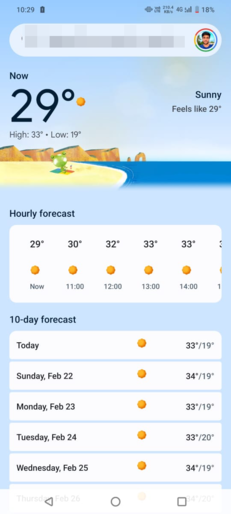 De interface van de Google Weer-app