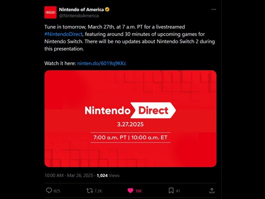 Nintendo Direct 27 maart X-aankondiging (Afbeelding bron: screenshot, Nintendo of America X-account)