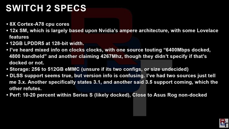 Naar verluidt "nauwkeurige" specificaties van de Switch 2. (Afbeeldingsbron: RedGamingTech)
