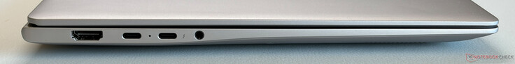 Linkerkant: HDMI 2.1 TMDS, USB-C 3.2 Gen. 2 (10 Gbps, DisplayPort, Power Delivery), USB-C 4.0 w/ Thunderbolt 4 (40 Gbps, DisplayPort, Power Delivery), 3,5 mm stereo