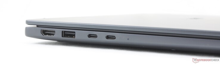 Links: HDMI 2.1, USB-A 3.2 Gen. 1 (5 Gbps), 2x USB-C Thunderbolt 4 met DisplayPort 2.1 + Power Delivery (100 W)
