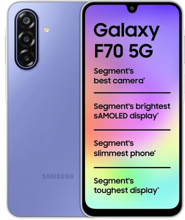 Samsung Galaxy F70 5G in paars, getoond van de voor- en achterkant