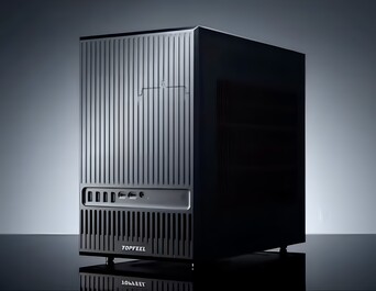 Voorkant van de compacte DeskOne A1-workstation-pc.