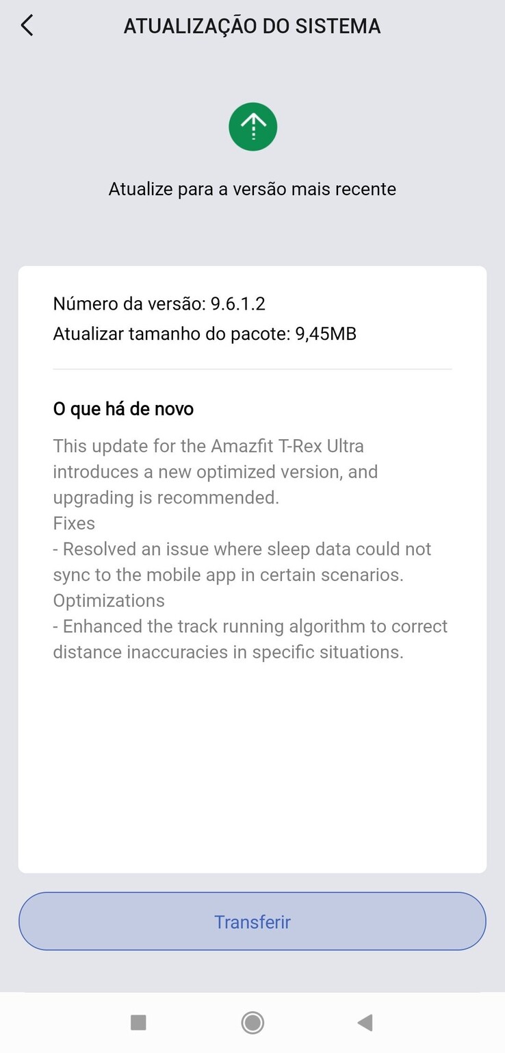 De releaseopmerkingen voor firmwareversie 9.6.1.2 voor de Amazfit T-Rex Ultra. (Afbeeldingsbron: José Manuel Santos via Facebook)